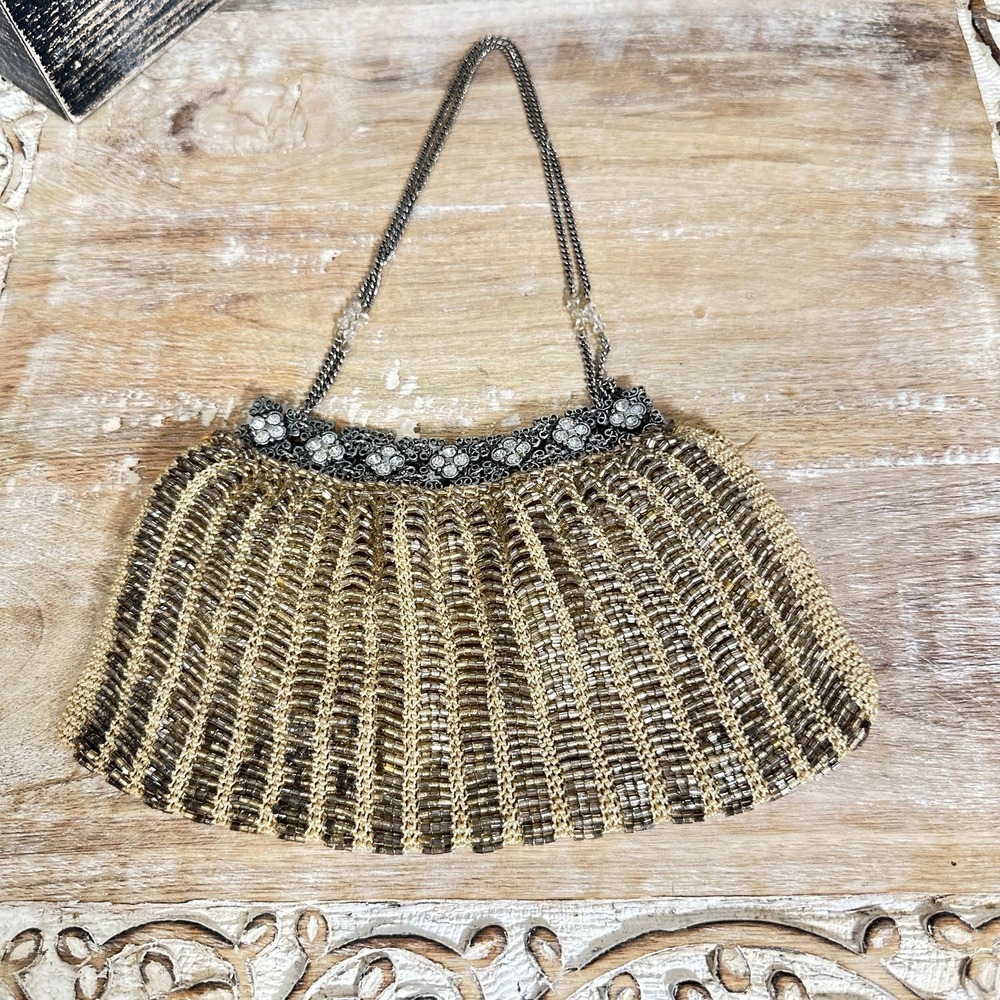 CLARA KASAVINA Champagne Beaded Rhinestone EVENING BAG CLUTCH Satin-Lined Purse